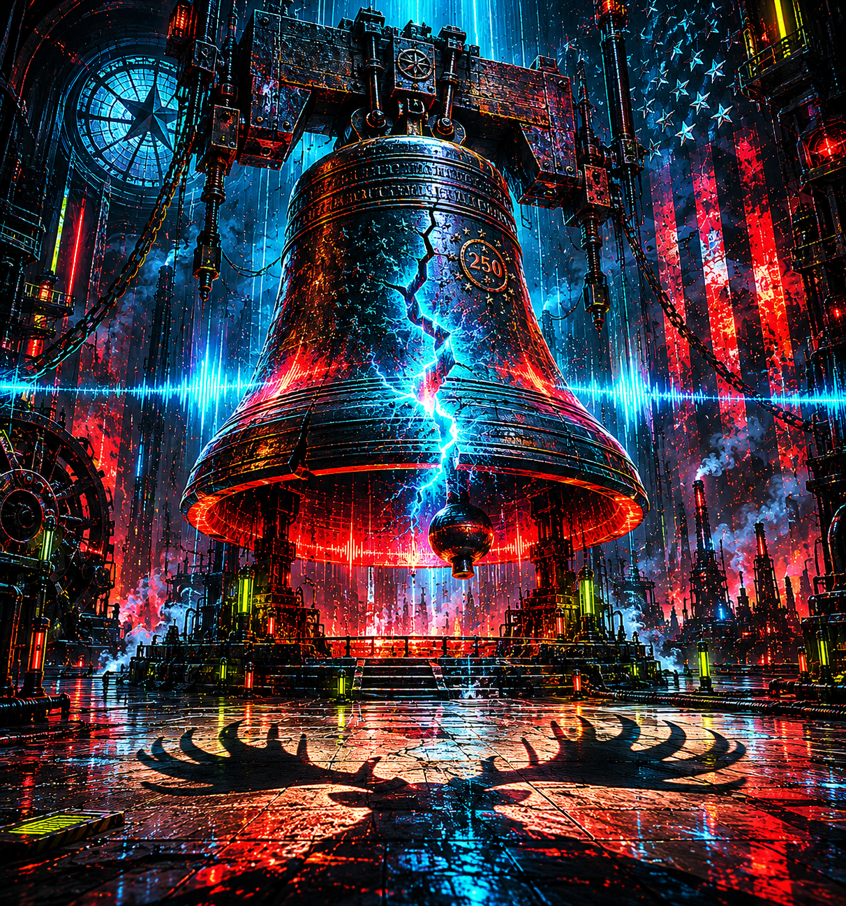 Industrial liberty bell engine glowing with red and cyan signal light