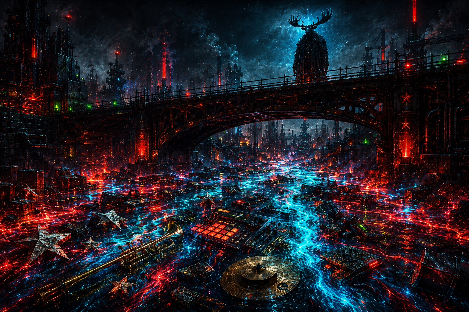 Industrial river of red and cyan signals beneath a Heavy Moose bridge figure
